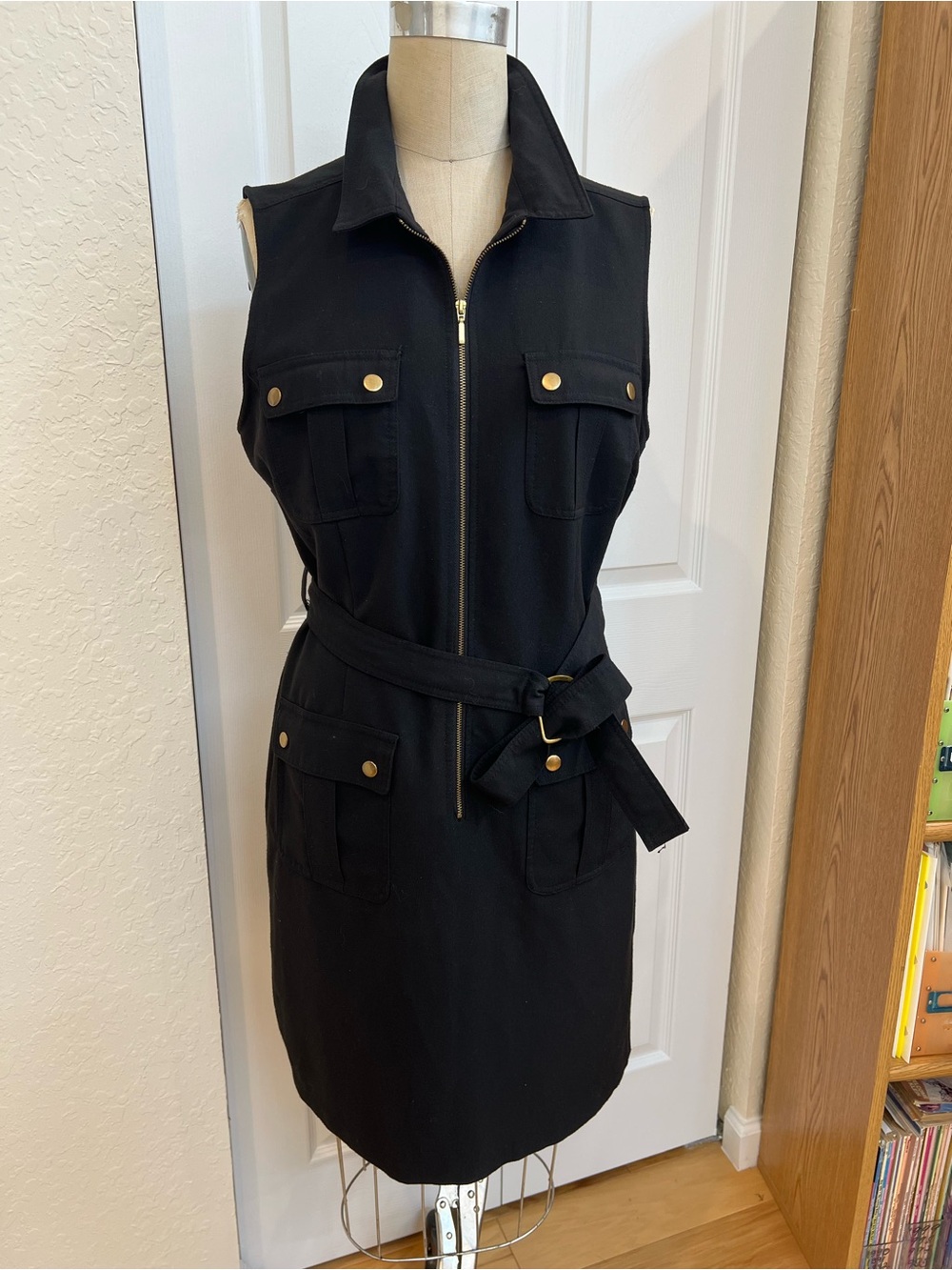 Sharagano Black Sleeveless Utility Dress with Gold Accents size 12